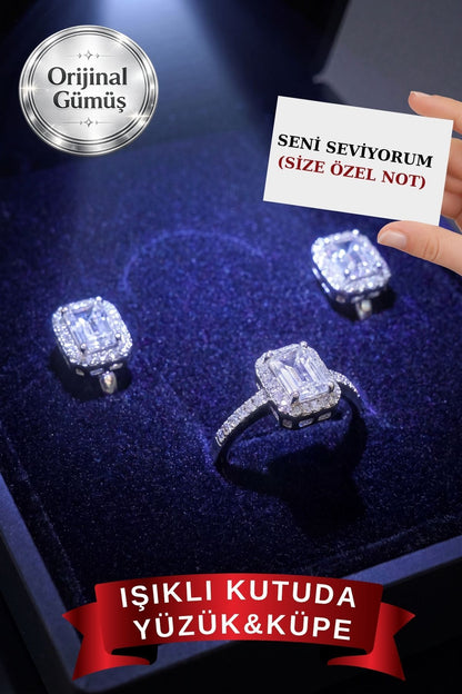 IŞIKLI SET KUTUSUNDA 925 AYAR GERÇEK GÜMÜŞ YÜZÜK,KÜPE SET