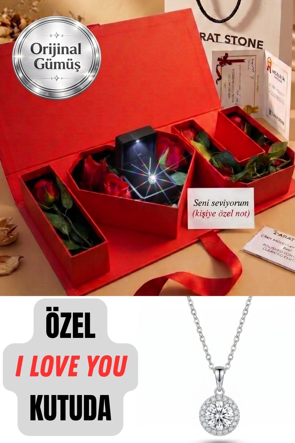 "I Love You" HEDİYE KUTUSUNDA 925 AYAR GERÇEK GÜMÜŞ KADIN HALO KOLYE , IŞIKLI KUTUDA