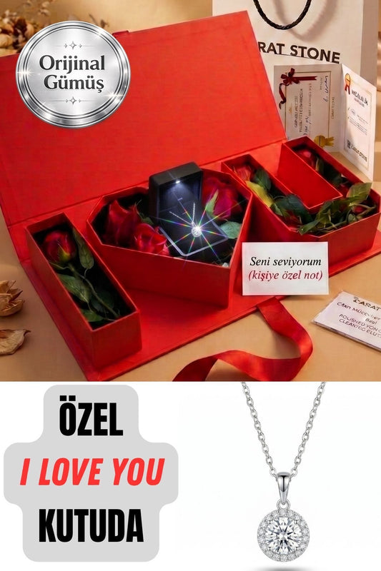 "I Love You" HEDİYE KUTUSUNDA 925 AYAR GERÇEK GÜMÜŞ KADIN HALO KOLYE , IŞIKLI KUTUDA