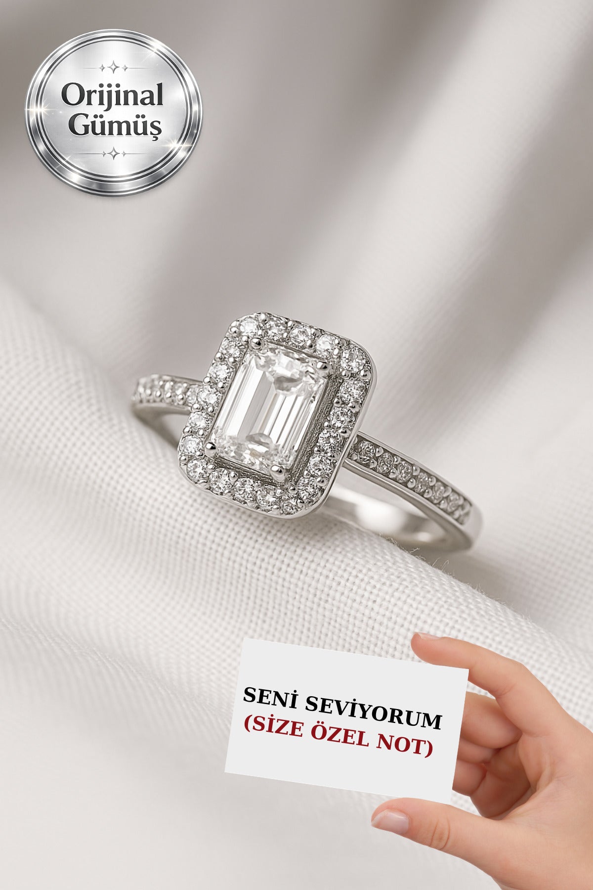 Pırlanta Işıltılı Gerçek Gümüşten Kadın 1 Carat Baget Yüzük