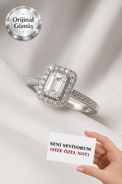 Pırlanta Işıltılı Gerçek Gümüşten Kadın 1 Carat Baget Yüzük