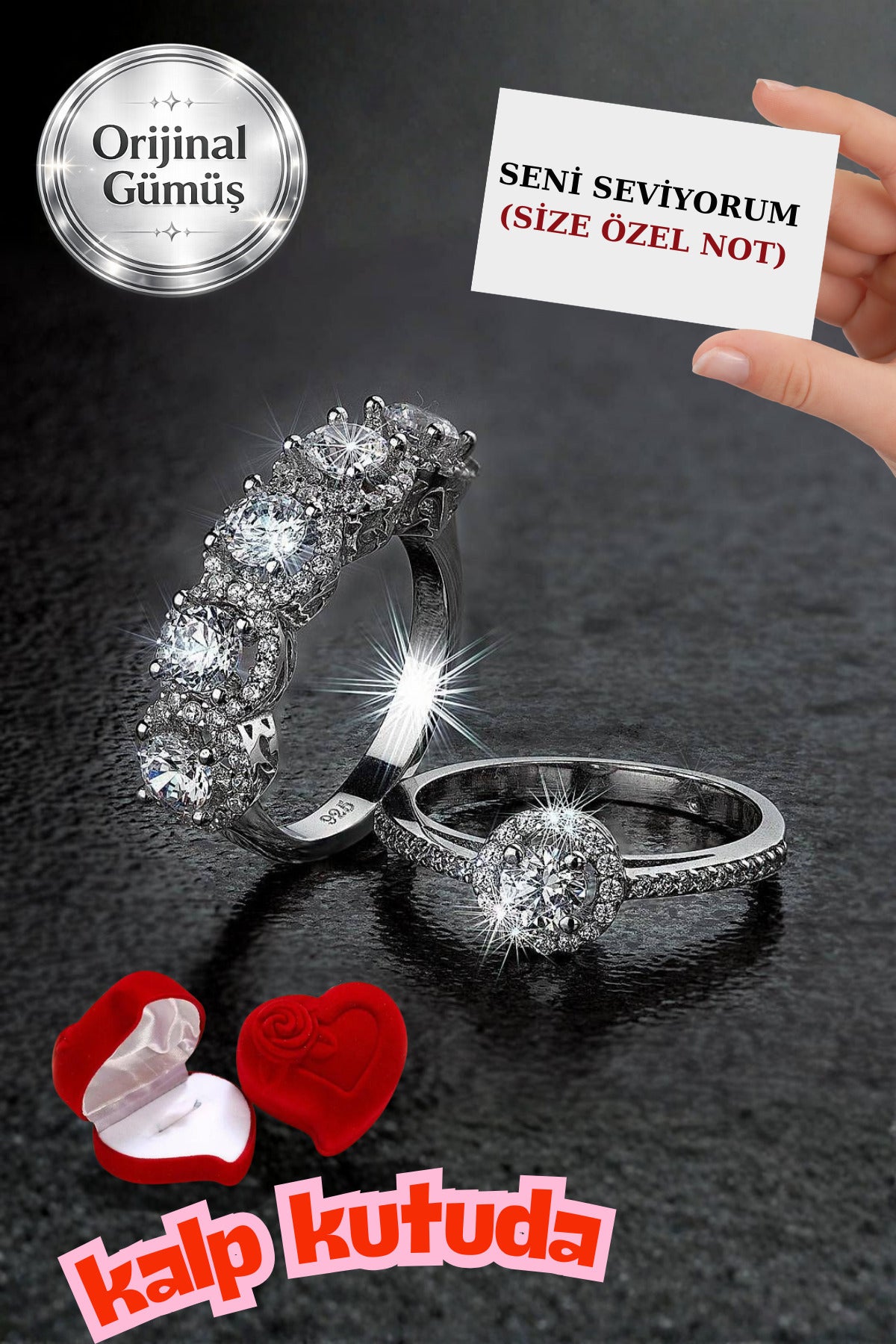 Gümüş 2.50 Carat Beştaş Ve 1 Carat Tektaş Yüzük Kalp Şeklinde Süet Yüzük Kutusunda