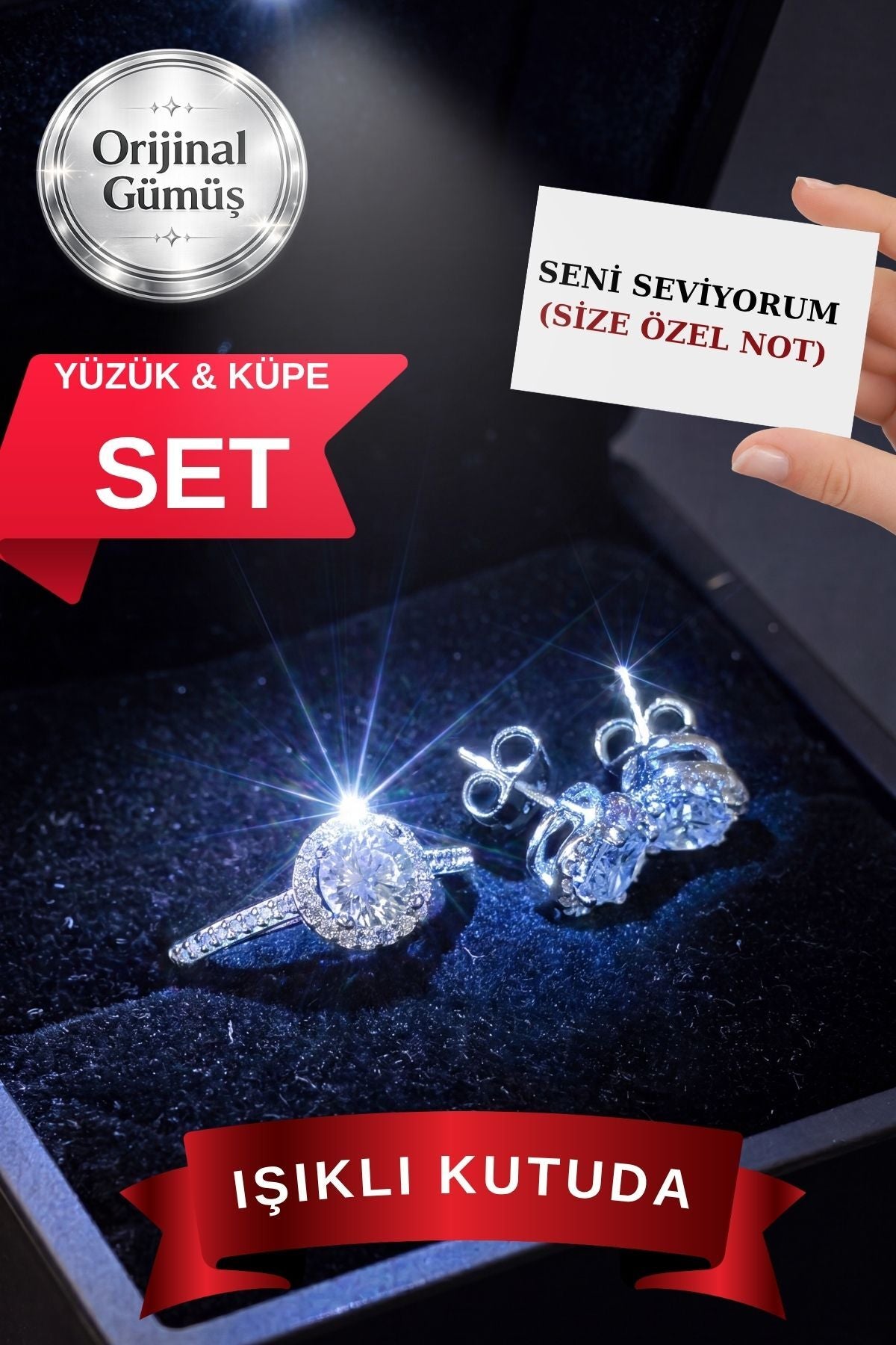 Işıklı Kutuda 1.20 Carat Kadın Gümüş Yüzük ve küpe seti