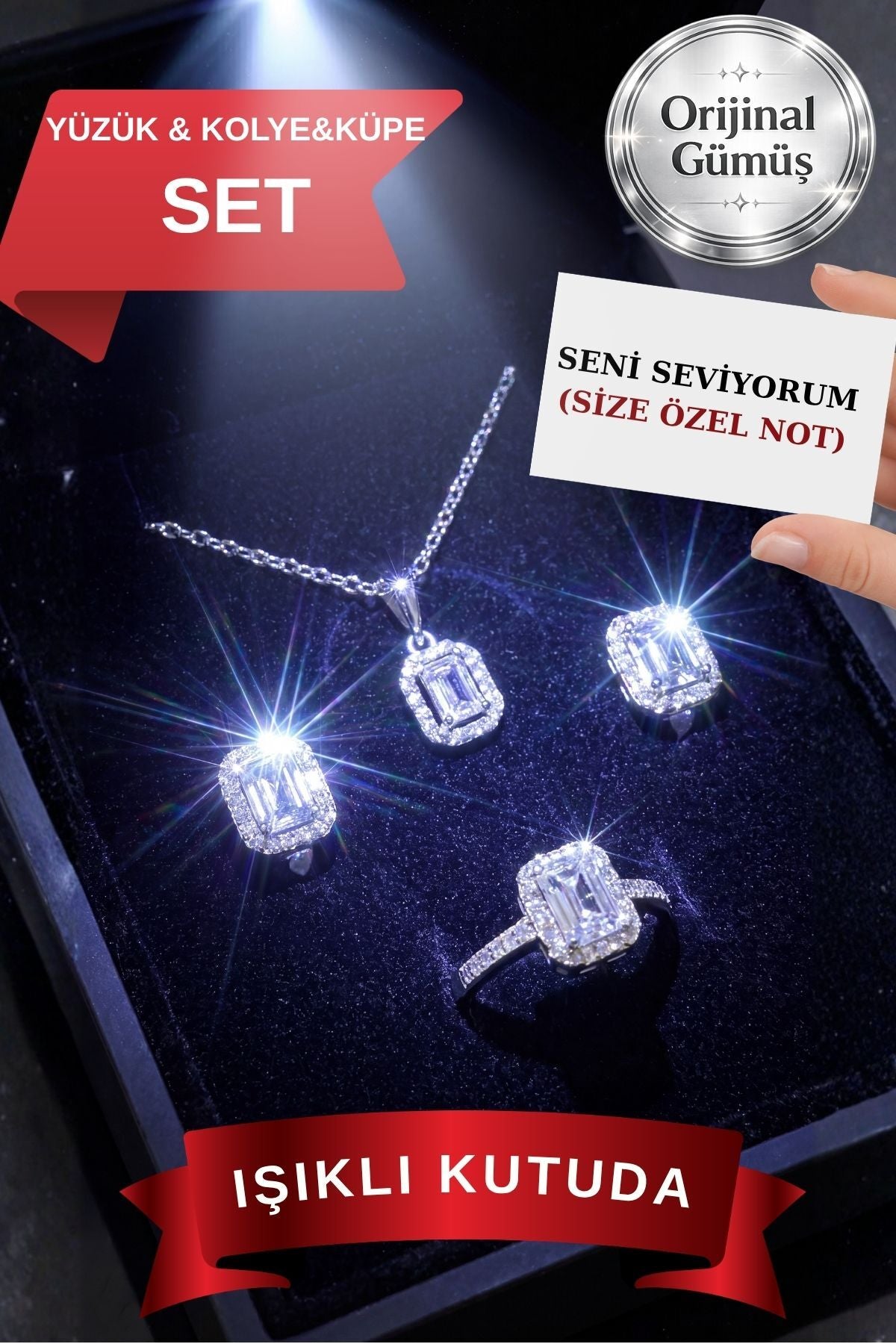 IŞIKLI SET KUTUSUNDA 925 AYAR GERÇEK GÜMÜŞ YÜZÜK,KOLYE,KÜPE SET