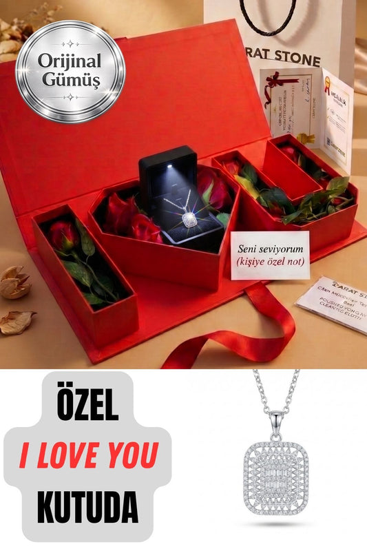 "I Love You" HEDİYE KUTUSUNDA 925 AYAR GERÇEK GÜMÜŞ 3 SIRALI BÜYÜK MODEL BAGET TAŞLI KADIN KOLYE
