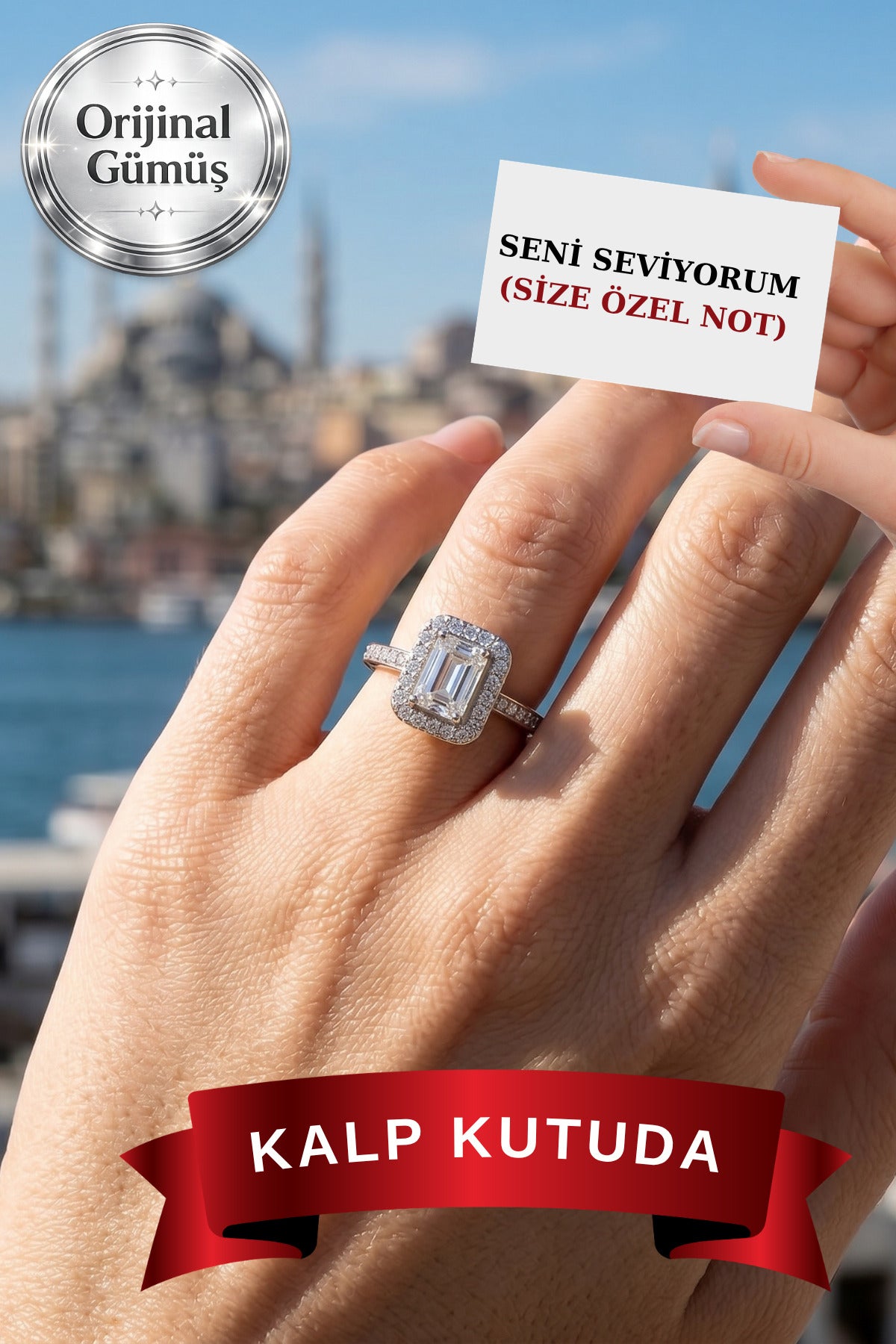 Pırlanta Işıltılı Gerçek Gümüşten Kadın 1 Carat Baget Yüzük