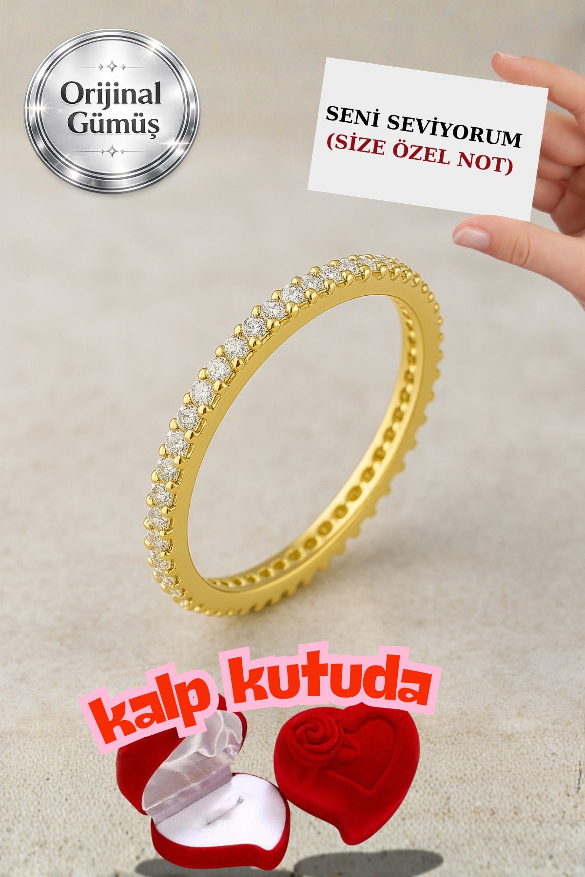Pırlanta Işıltılı Gerçek Gümüşten, Kadın Tamtur Yüzük (RODYUM KAPLAMALI KARARMAZ)