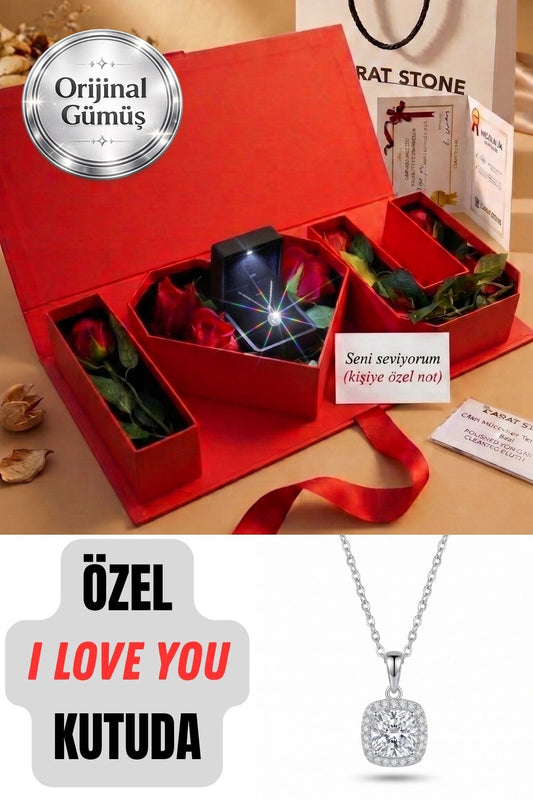 "I Love You" 925 AYAR GERÇEK GÜMÜŞ KARE HALO KADIN KOLYE , IŞIKLI KUTUDA