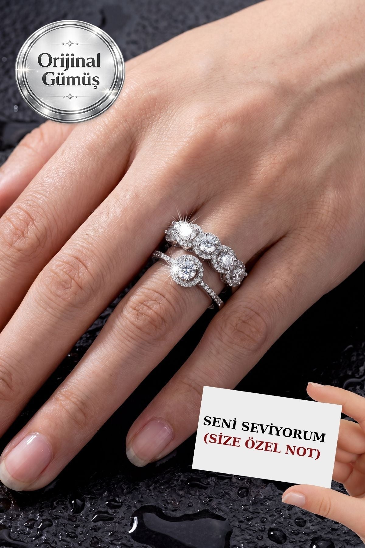 Gümüş 2.50 Carat Beştaş Ve 1 Carat Tektaş Yüzük Kalp Şeklinde Süet Yüzük Kutusunda
