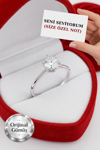 pırlanta ışıltılı 1 carat Kadın Gümüş Şık Tektaş Yüzük