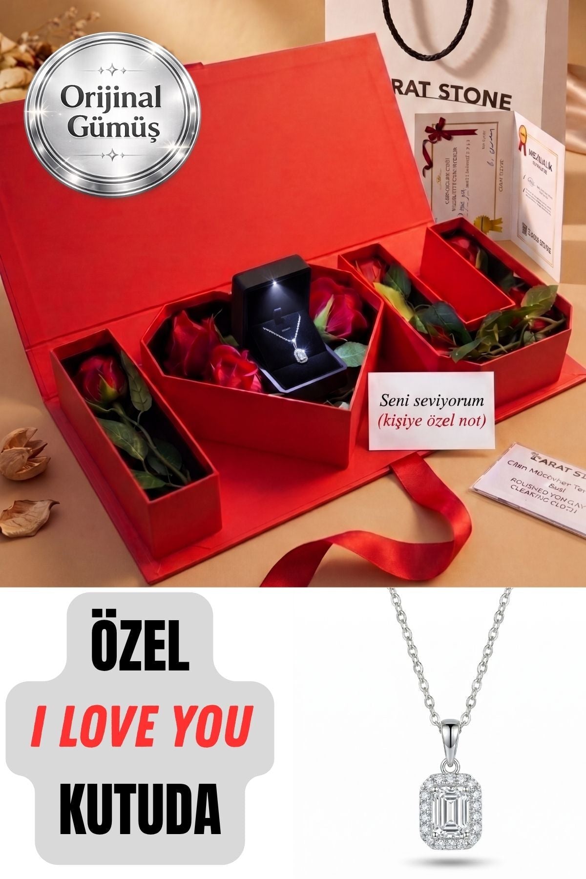 "I Love You" HEDİYE KUTUSUNDA 925 AYAR GERÇEK GÜMÜŞ BAGET KADIN KOLYE