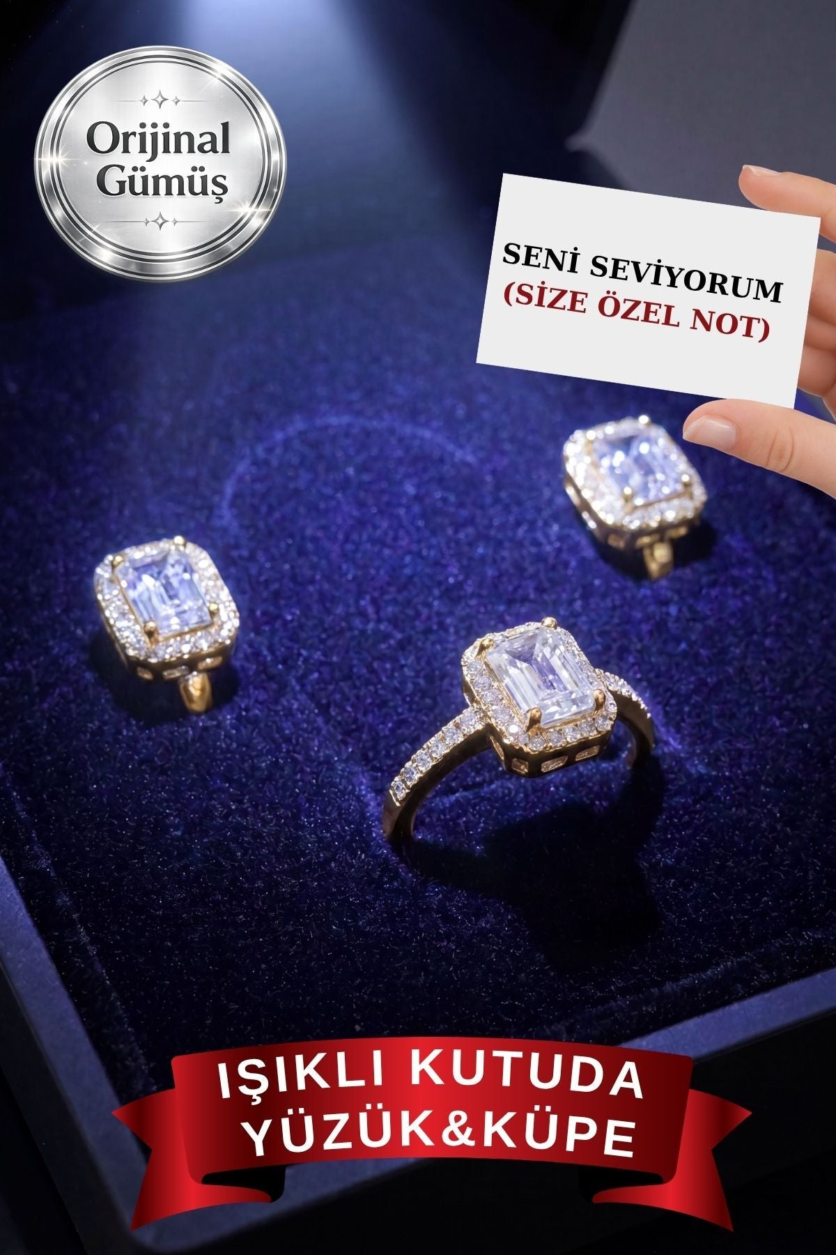 IŞIKLI SET KUTUSUNDA 925 AYAR GERÇEK GÜMÜŞ YÜZÜK,KÜPE SET