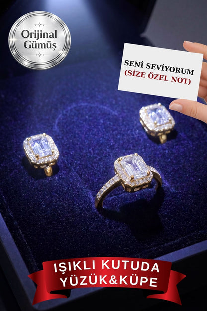 IŞIKLI SET KUTUSUNDA 925 AYAR GERÇEK GÜMÜŞ YÜZÜK,KÜPE SET