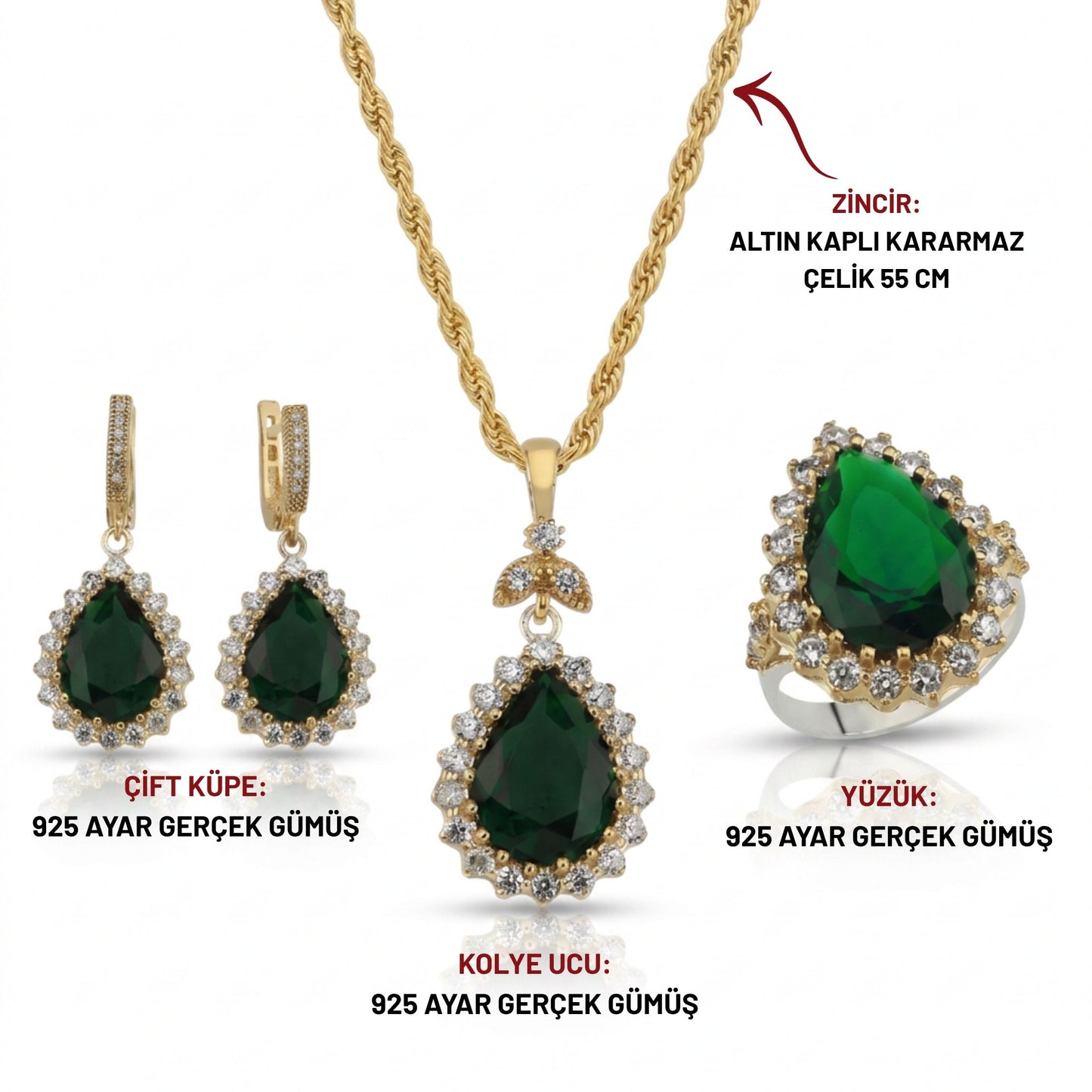 925 AYAR GÜMÜŞ YÜZÜK,KOLYE,KÜPE, SET (KOLYE ZİNCİRİ DAHİL )