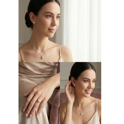 IŞIKLI KUTUDA HALO MODEL YÜZÜK , KOLYE VE KÜPE GÜMÜŞ TAKI SETİ