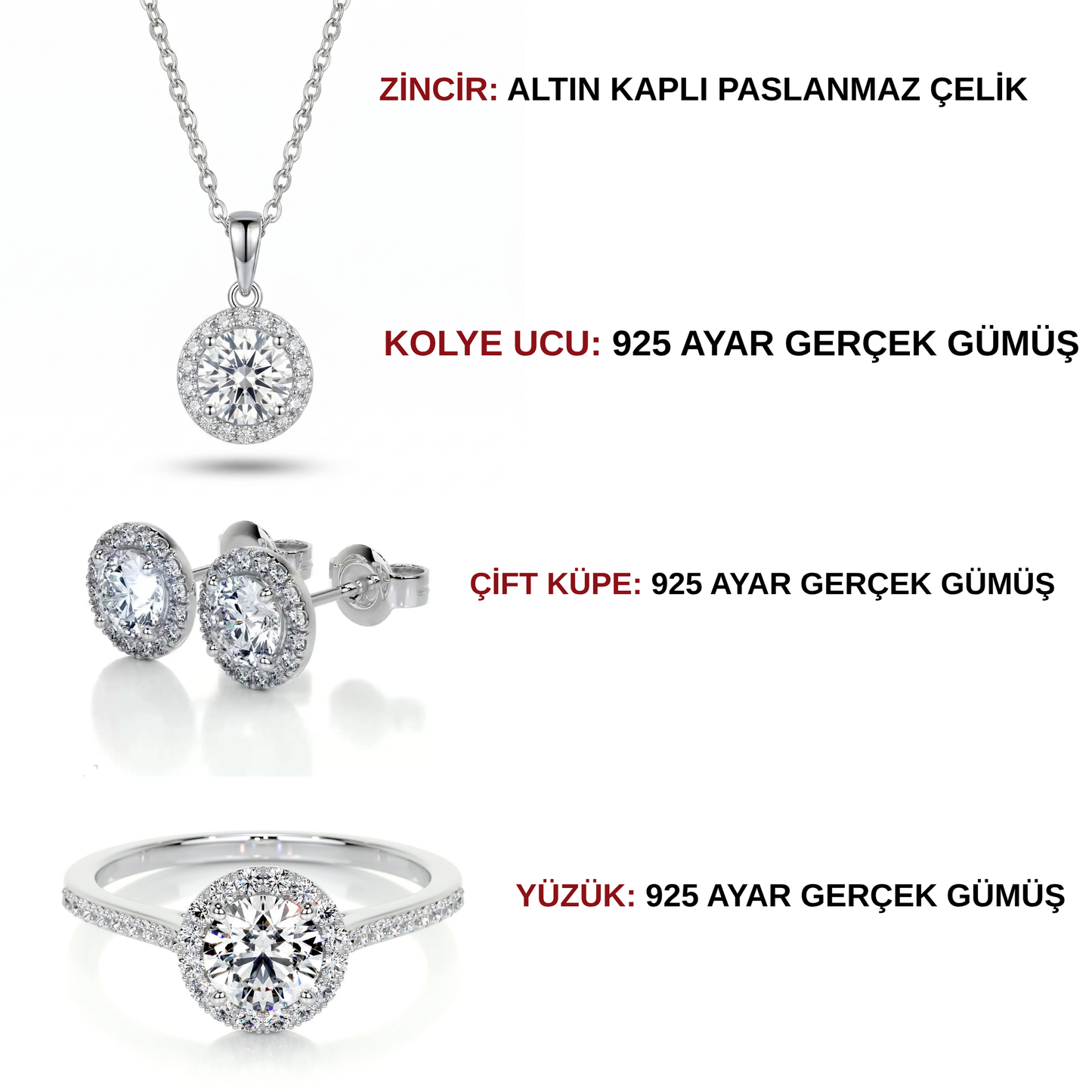 IŞIKLI KUTUDA HALO MODEL YÜZÜK , KOLYE VE KÜPE GÜMÜŞ TAKI SETİ
