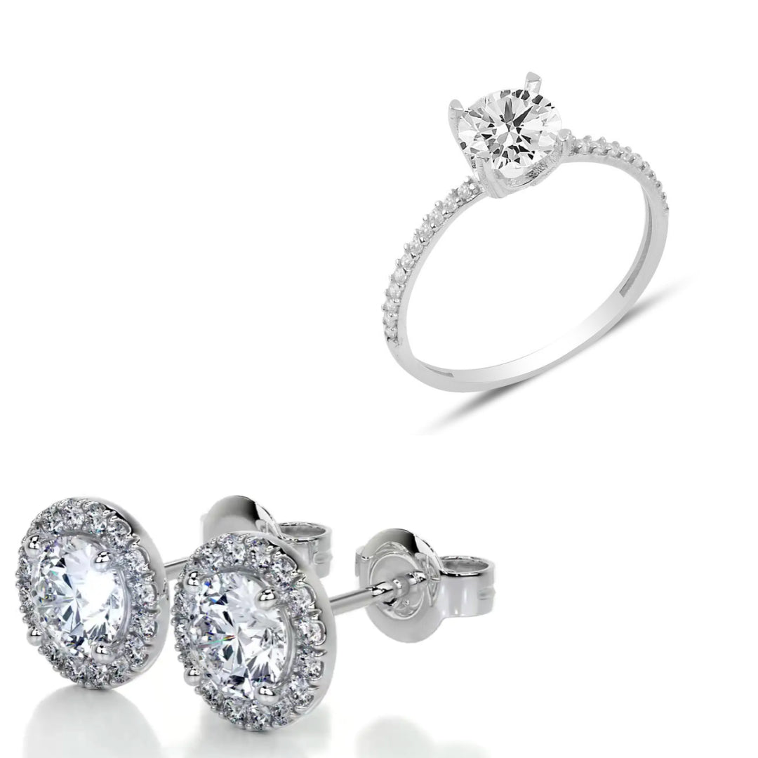 Işıklı Kutuda 1 Carat Kadın Gümüş Yüzük Ve Çift Küpe (PIRLANTA IŞILTILI)