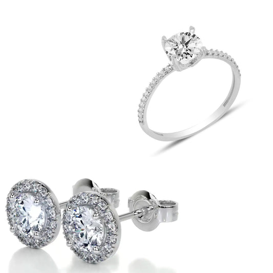 Işıklı Kutuda 1 Carat Kadın Gümüş Yüzük Ve Çift Küpe (PIRLANTA IŞILTILI)
